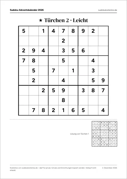 Vorschau: Blatt aus dem Sudoku-Adventskalender mit Türchen 2 und der Lösung von Türchen 1
