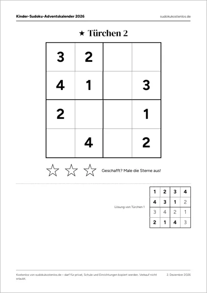 Vorschau: Blatt aus dem Kinder-Sudoku-Adventskalender mit Türchen 2 und der Lösung von Türchen 1